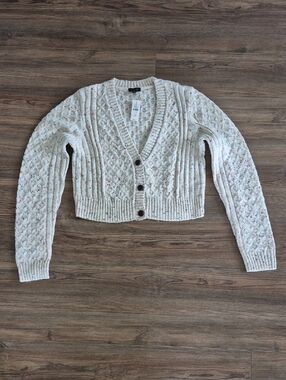 Talbots White Speckled Cropped Cable Cardigan